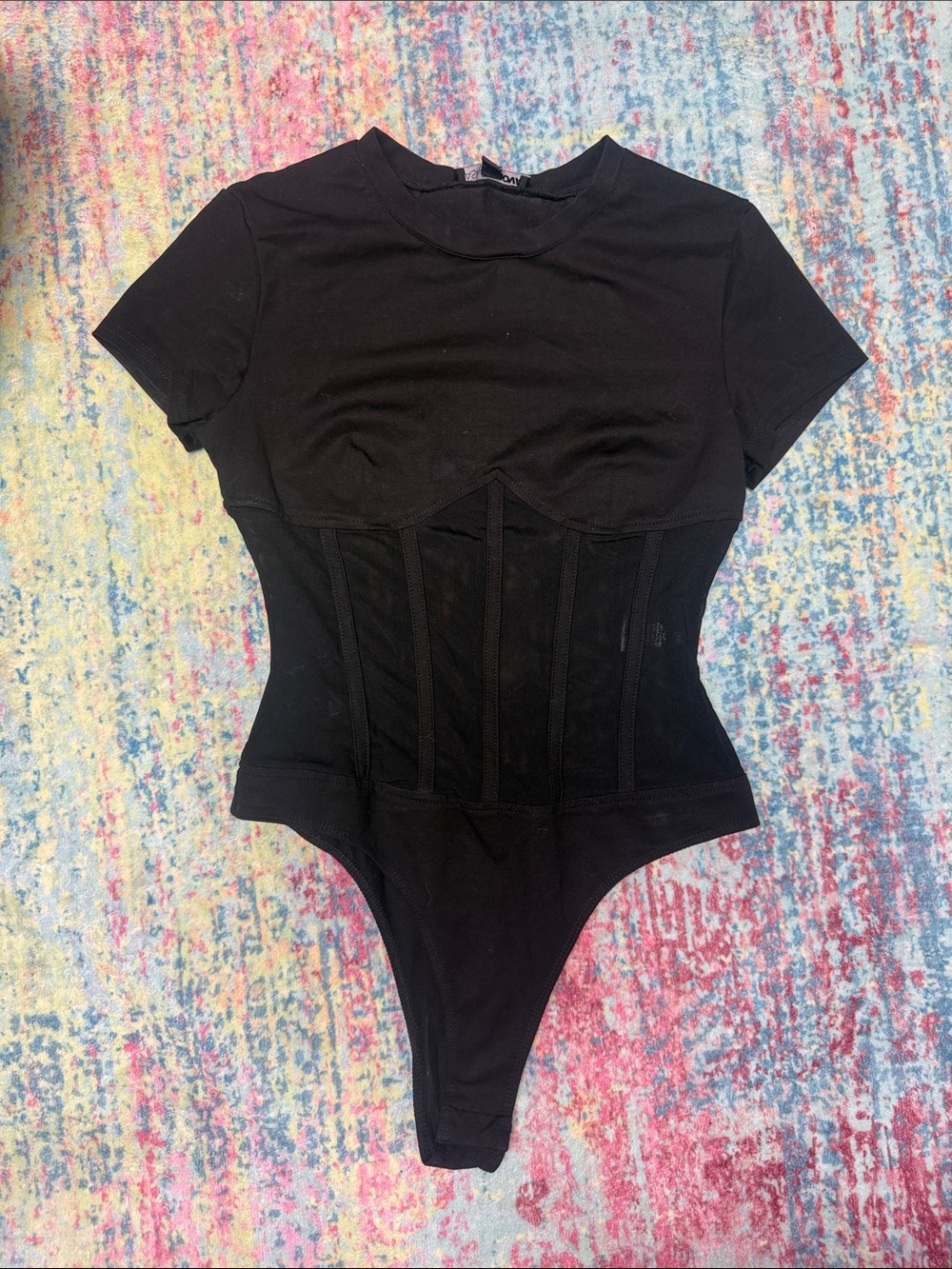 Fashion Nova Black Short-Sleeve Corset Bodysuit